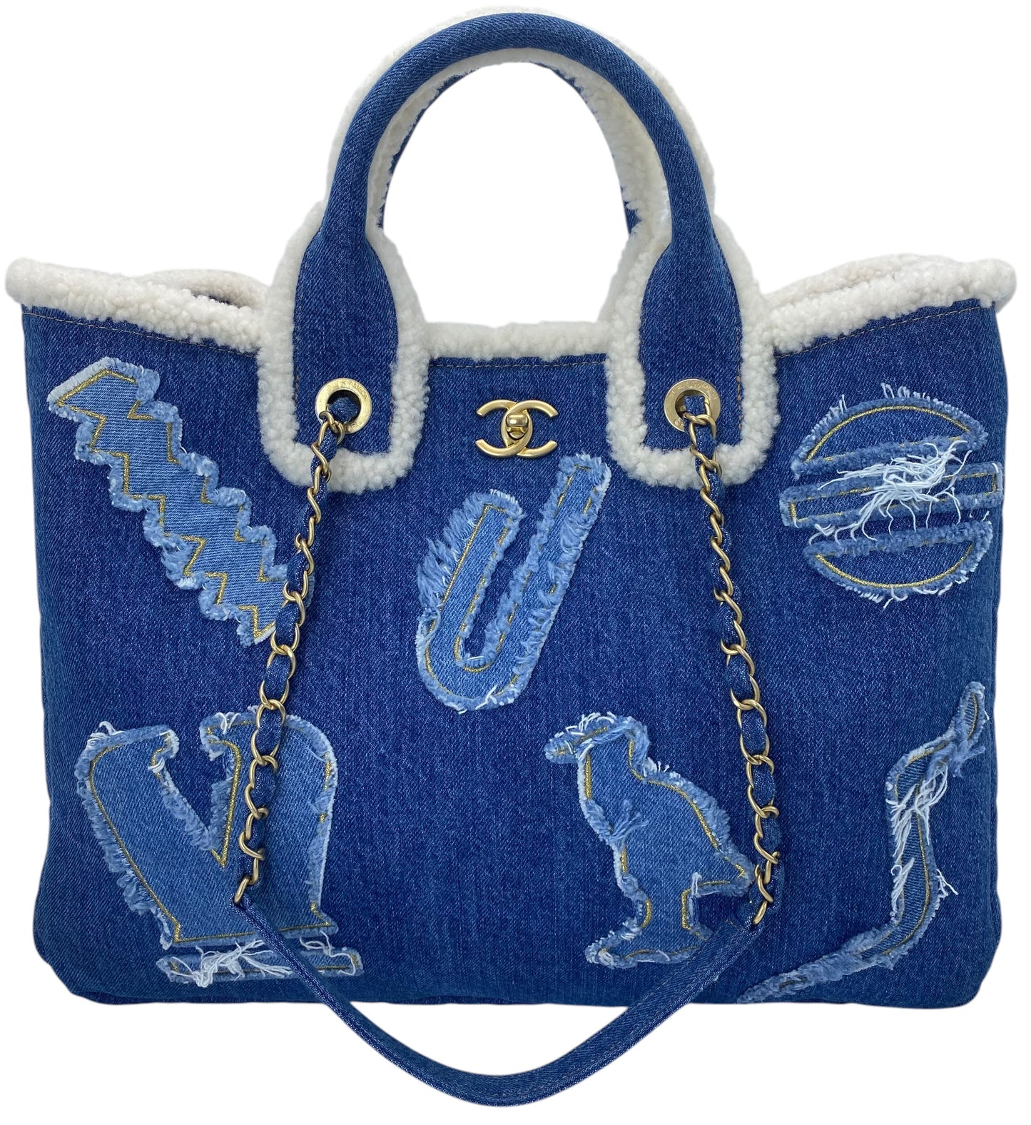 Chanel 19A Paris-New York Egypt Blue Denim & Shearling Hieroglyph Coco Shopping Tote