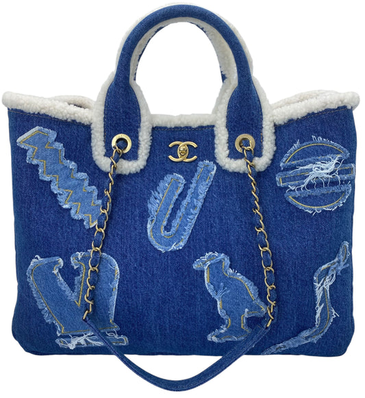 Chanel 19A Paris-New York Egypt Blue Denim & Shearling Hieroglyph Coco Shopping Tote