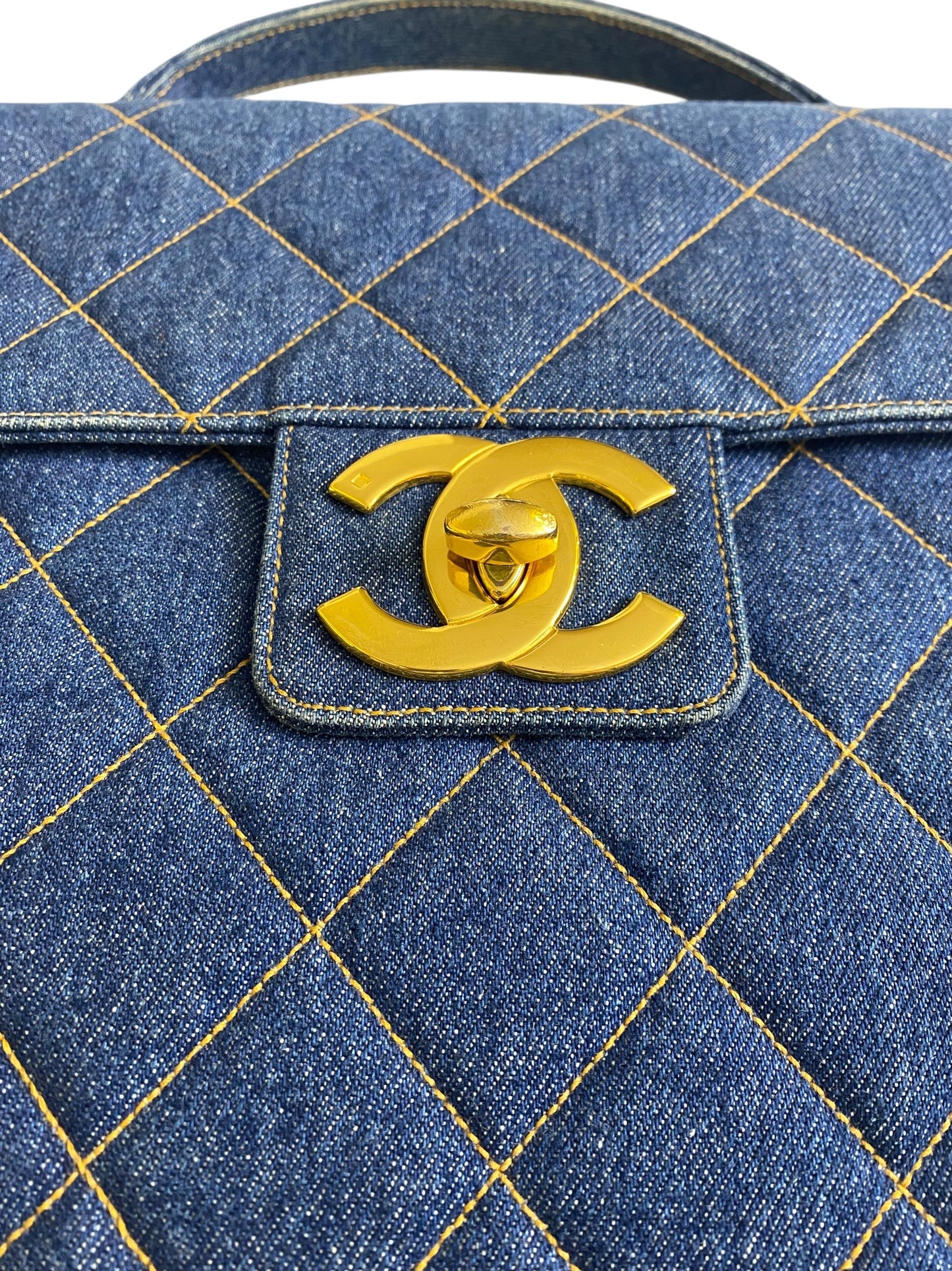 Chanel Vintage 1996 XL Blue Denim Quilted Jumbo Top Handle Briefcase Handbag