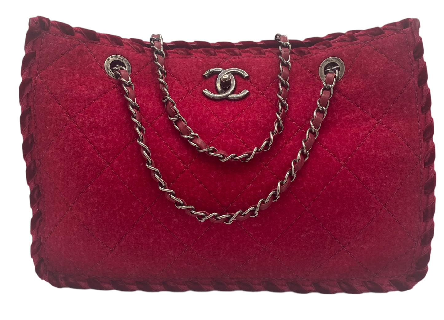 Chanel Medium Fancy Felt Raspberry Red Wool Shopping Tote Bag