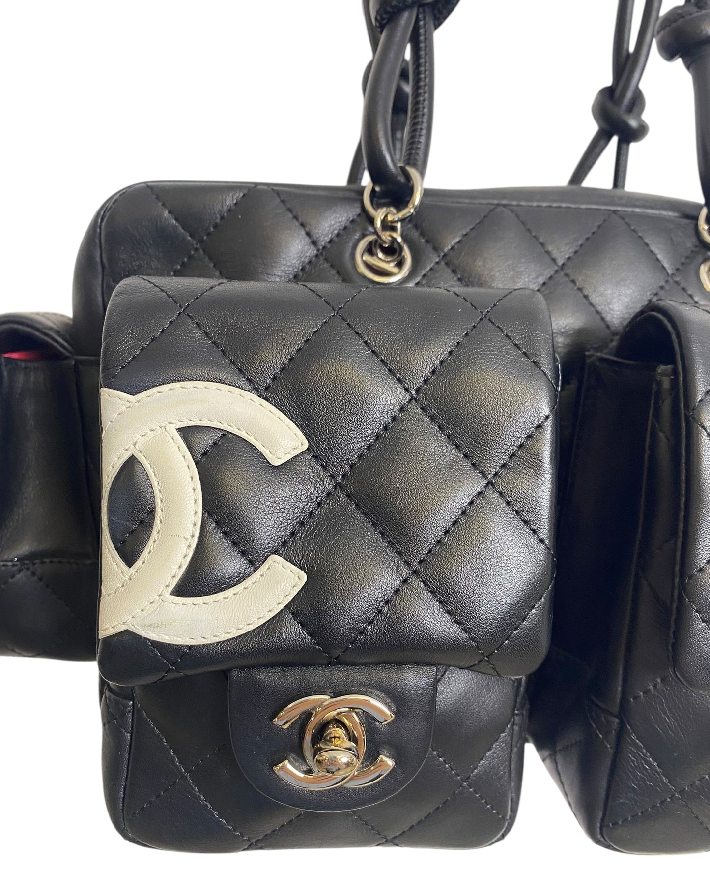 Chanel 2005 Small Cambon Reporter Black White Lambskin Handbag SHW