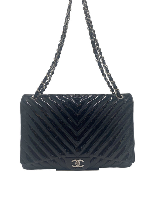 Chanel Black Maxi Patent Chevron Classic Flap Bag