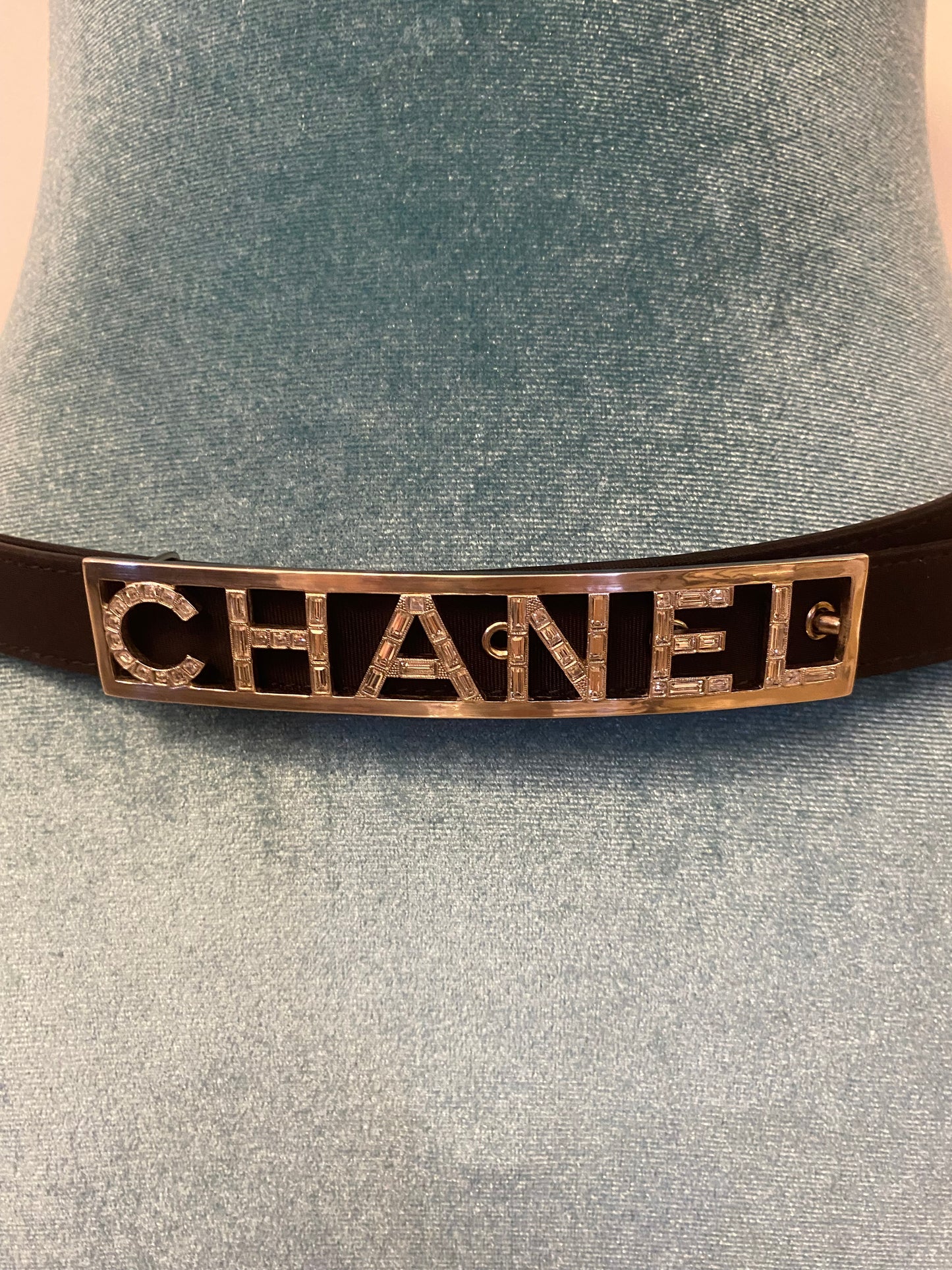 Chanel 15S Black Leather Grosgrain Crystal Letters Silver Buckle Belt Size 90/36