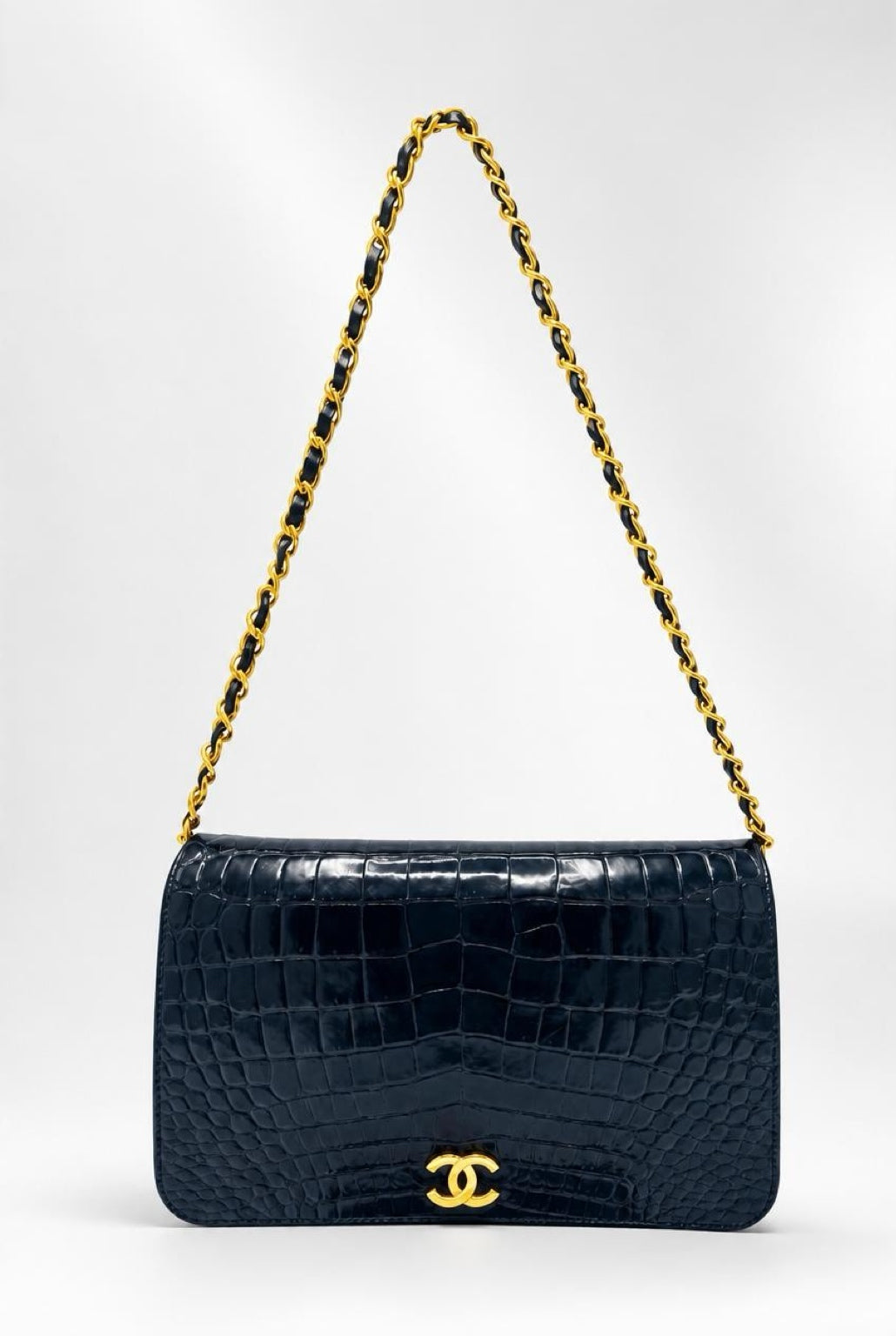 ULTRA RARE Vintage 1984 Chanel Black Crocodile Flap Bag 24K Gold Hardware