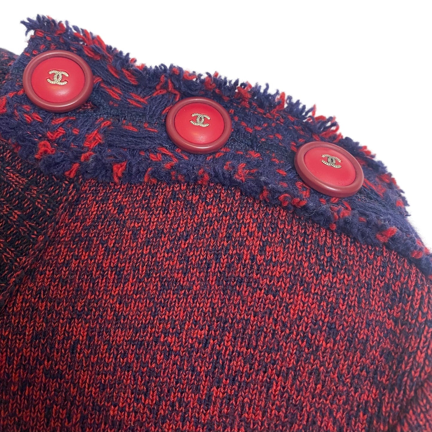 Chanel 2019 Burgundy Navy Wool Cashmere Tweed Trim CC Buttons Dress FR 40