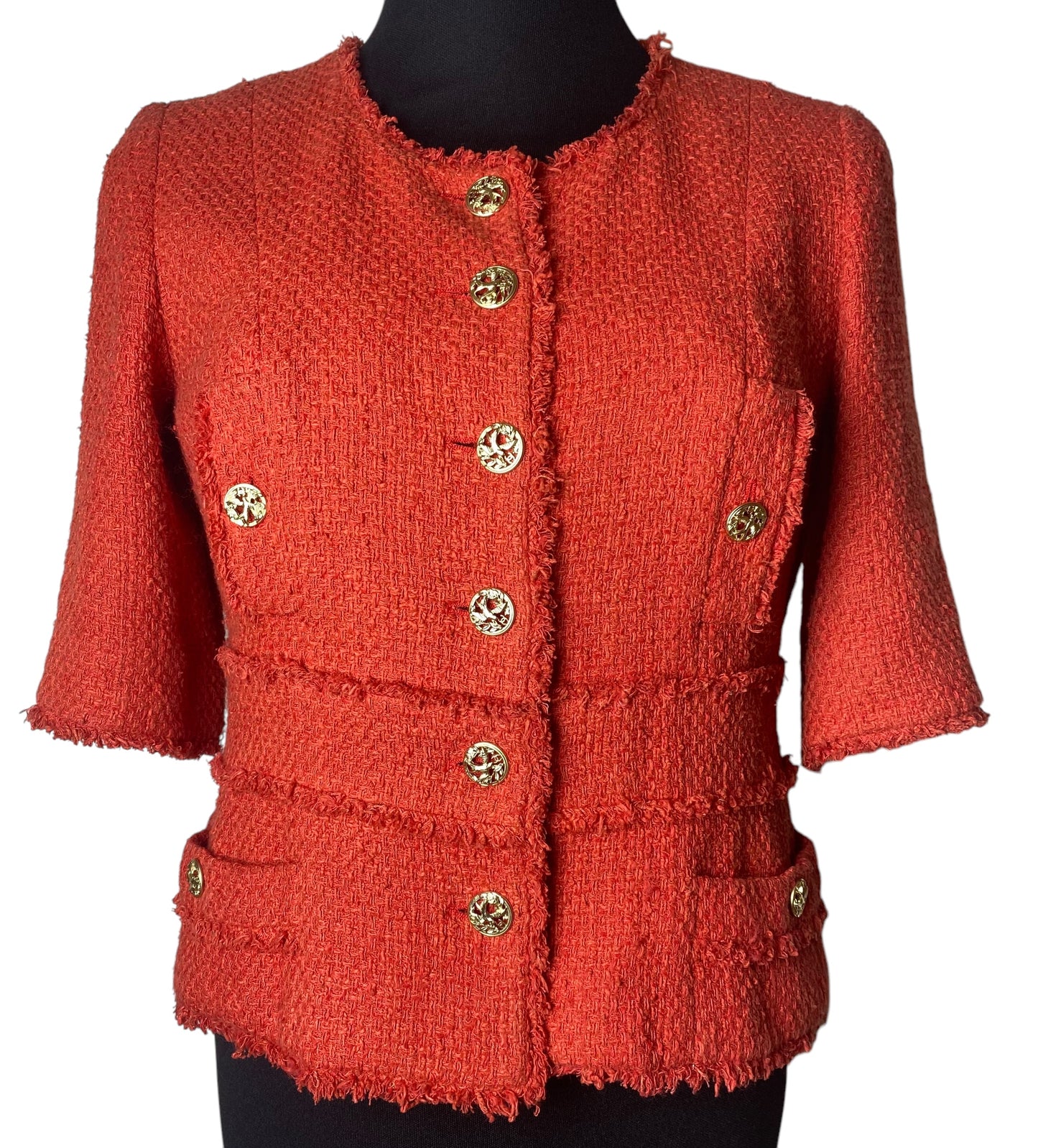 Chanel 10P Runway Red Boucle Tweed Fringe Jacket FR 44