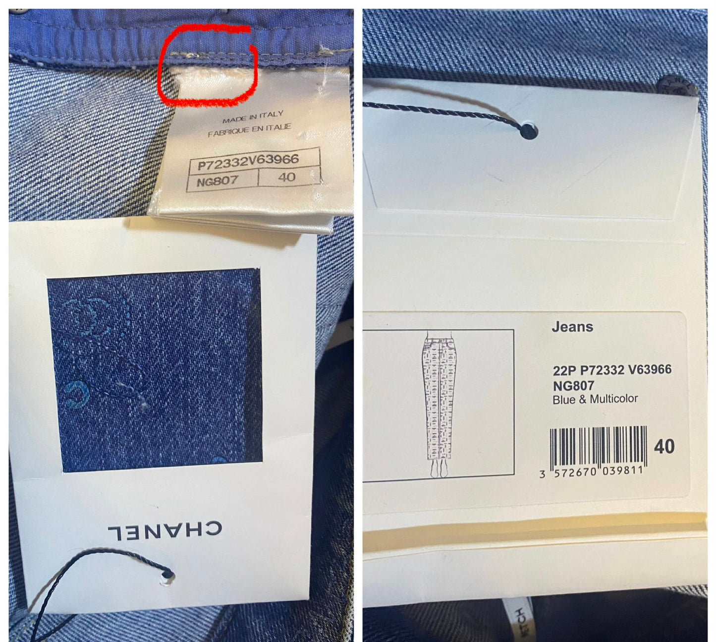 CHANEL 22P Blue & Multicolor Logo Printed Denim Jeans FR 40