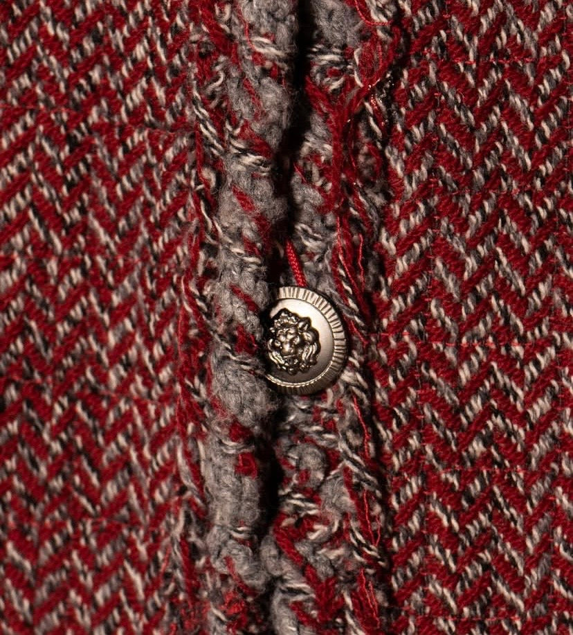 CHANEL 08A BURGUNDY GREY BRAIDED TRIM TWEED JACKET BLAZER FR 38