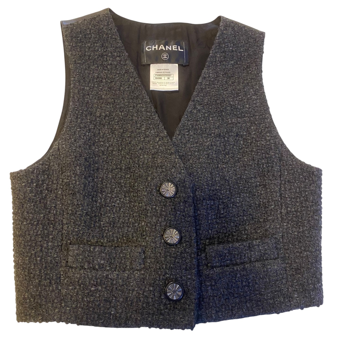Chanel 14A Paris Dallas Grey Wool & Black Leather Vest Waistcoat FR 38