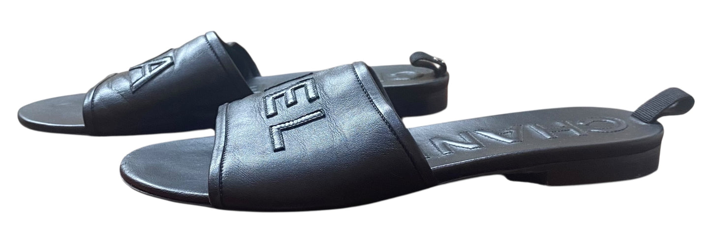 Chanel 2019 Black Leather Letters Logo Flat Slides EU 39.5