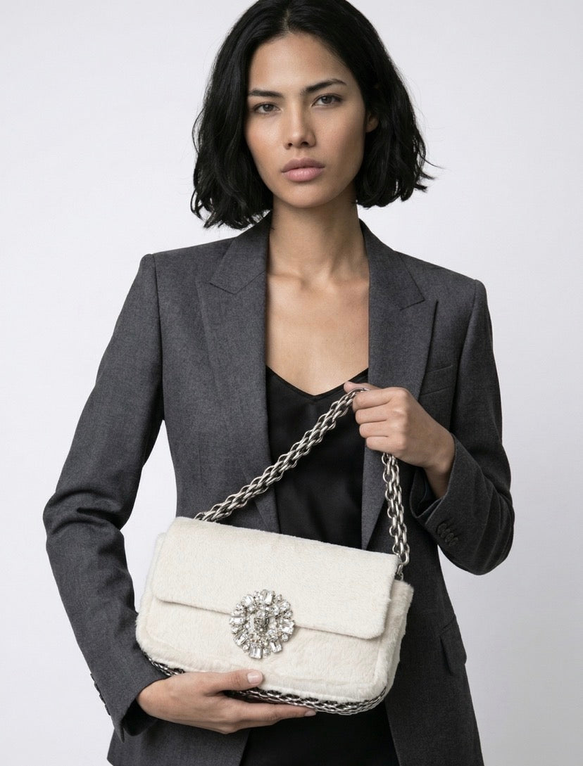 Ultra Rare Chanel 08A Huge Swarovski CC White Pony Classic Medium Flap Bag