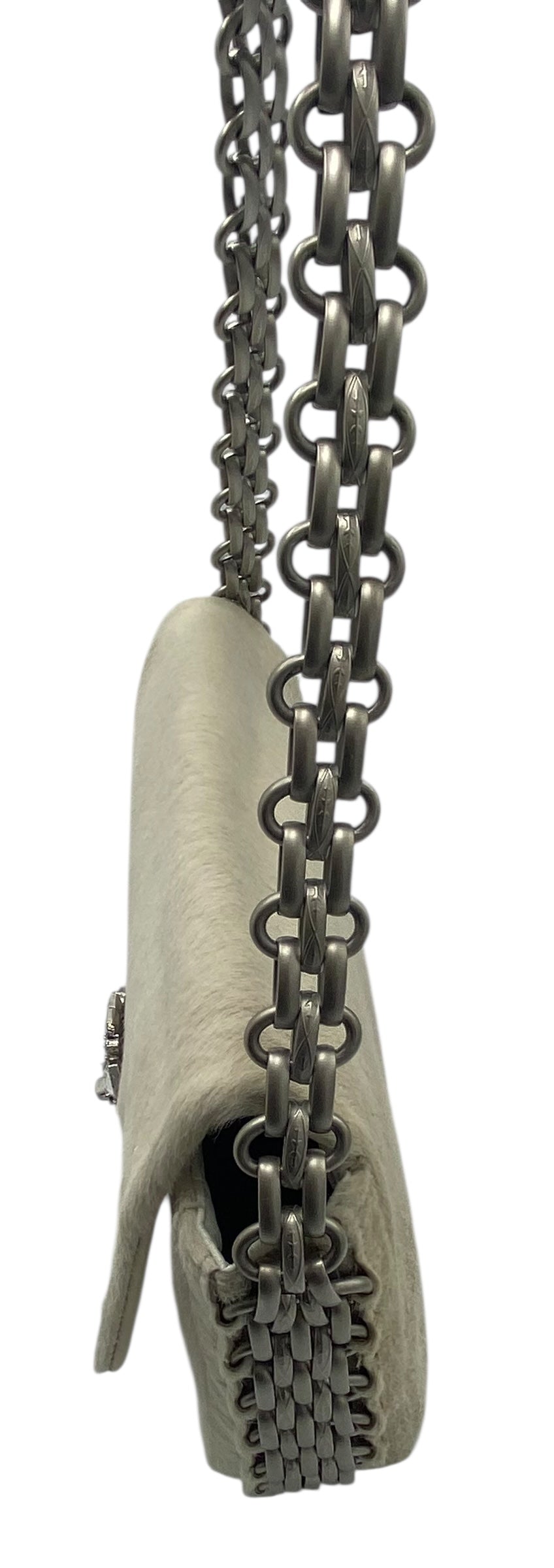Rare Chanel White Shimmer Pony Hair Swarovski Crystal Chain Around Classic Medium Flap Bag