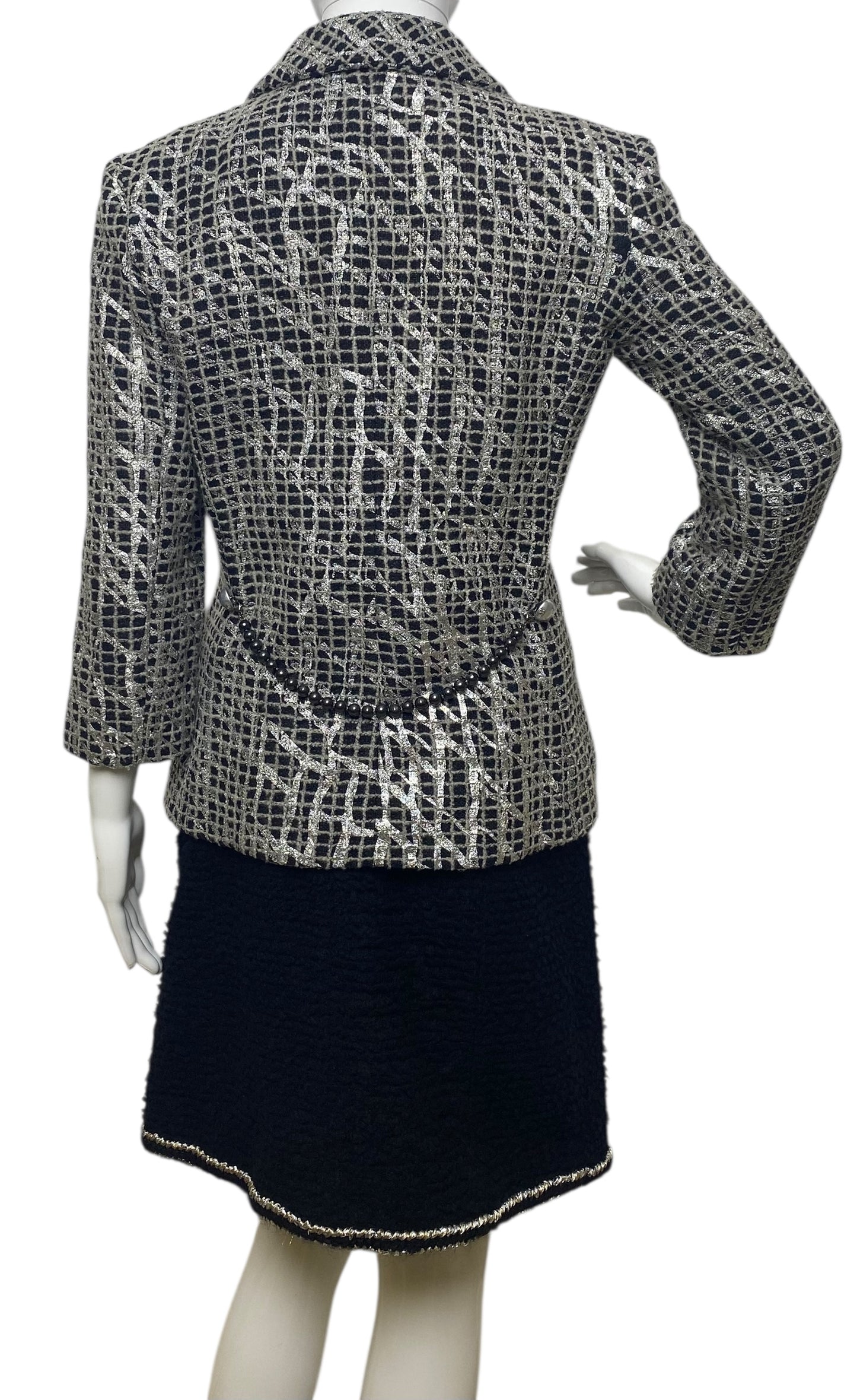 Chanel 12P Double Breasted Silver Metallic Graffiti Black Removable Pearls Jacket FR 36
