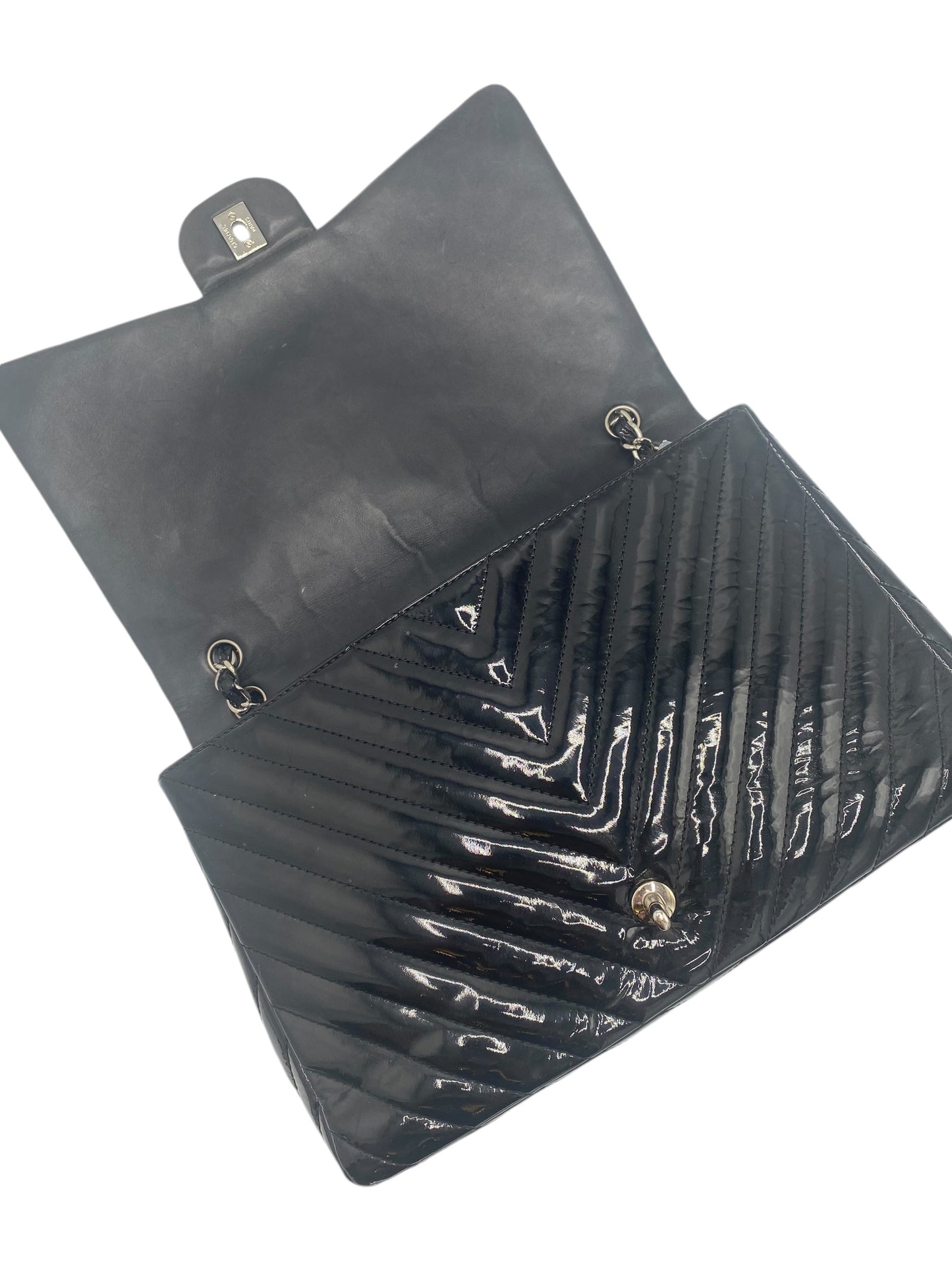 Chanel Black Maxi Patent Chevron Classic Flap Bag