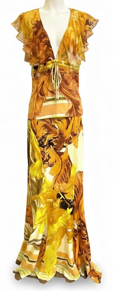 Vintage Roberto Cavalli S/S 2005 Silk Floral Dress Gown Maxi Set IT 40/42