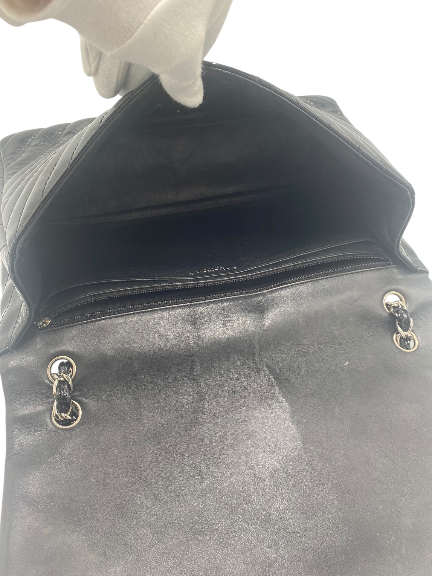 Chanel Black Maxi Patent Chevron Classic Flap Bag
