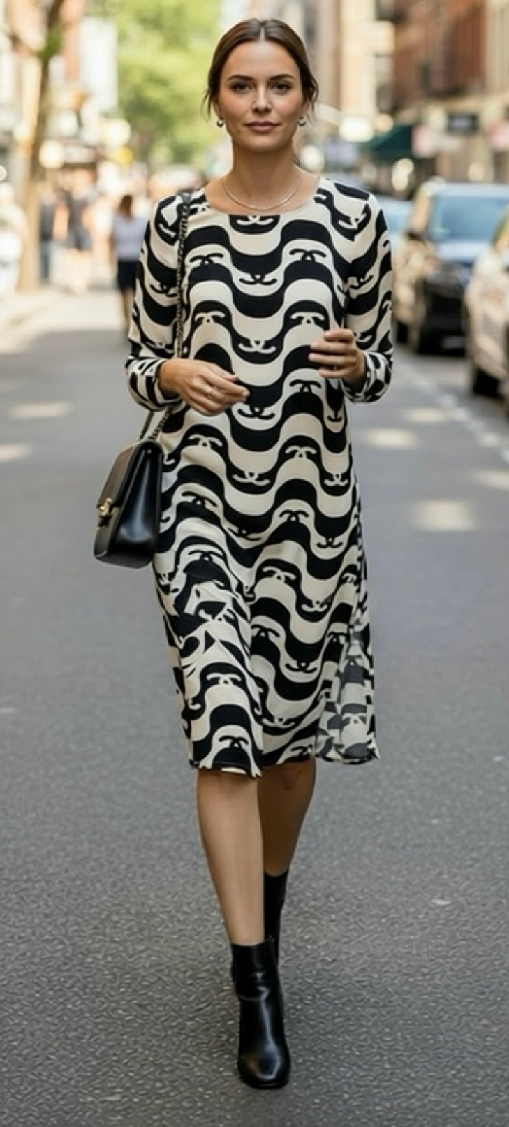 Iconic Chanel 21P Ivory & Black CC Wave Silk Midi Dress FR 42