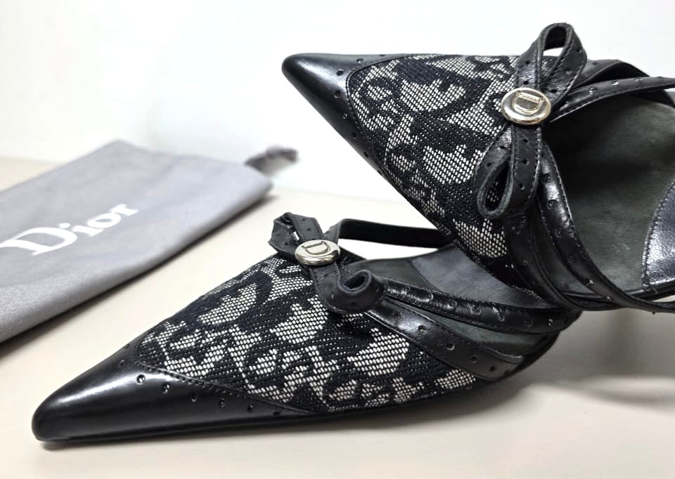VINTAGE Y2K DIOR TROTTER MONOGRAM BOW POINTED MULE KITTEN HEELS IT 37.5 US 7.5