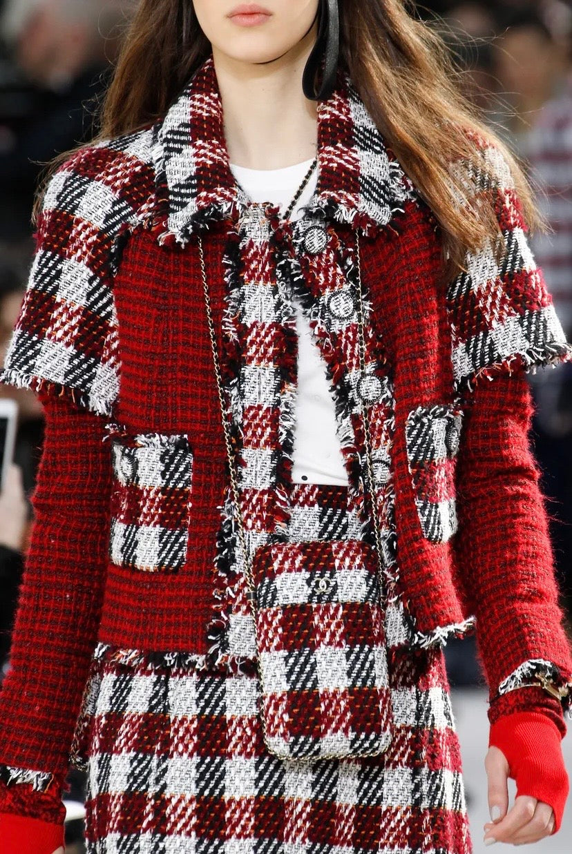 Chanel 16A Runway Burgundy Plaid Tweed Fringe Jacket FR 40