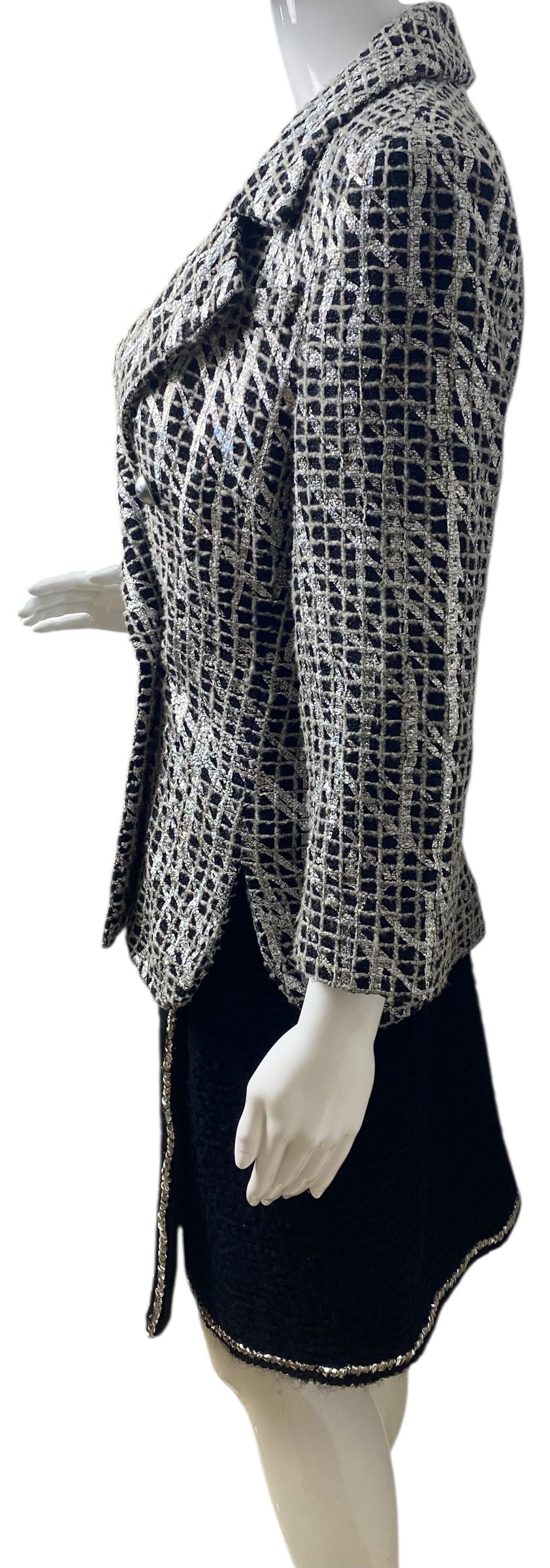 Chanel 12P Double Breasted Silver Metallic Graffiti Black Removable Pearls Jacket FR 36
