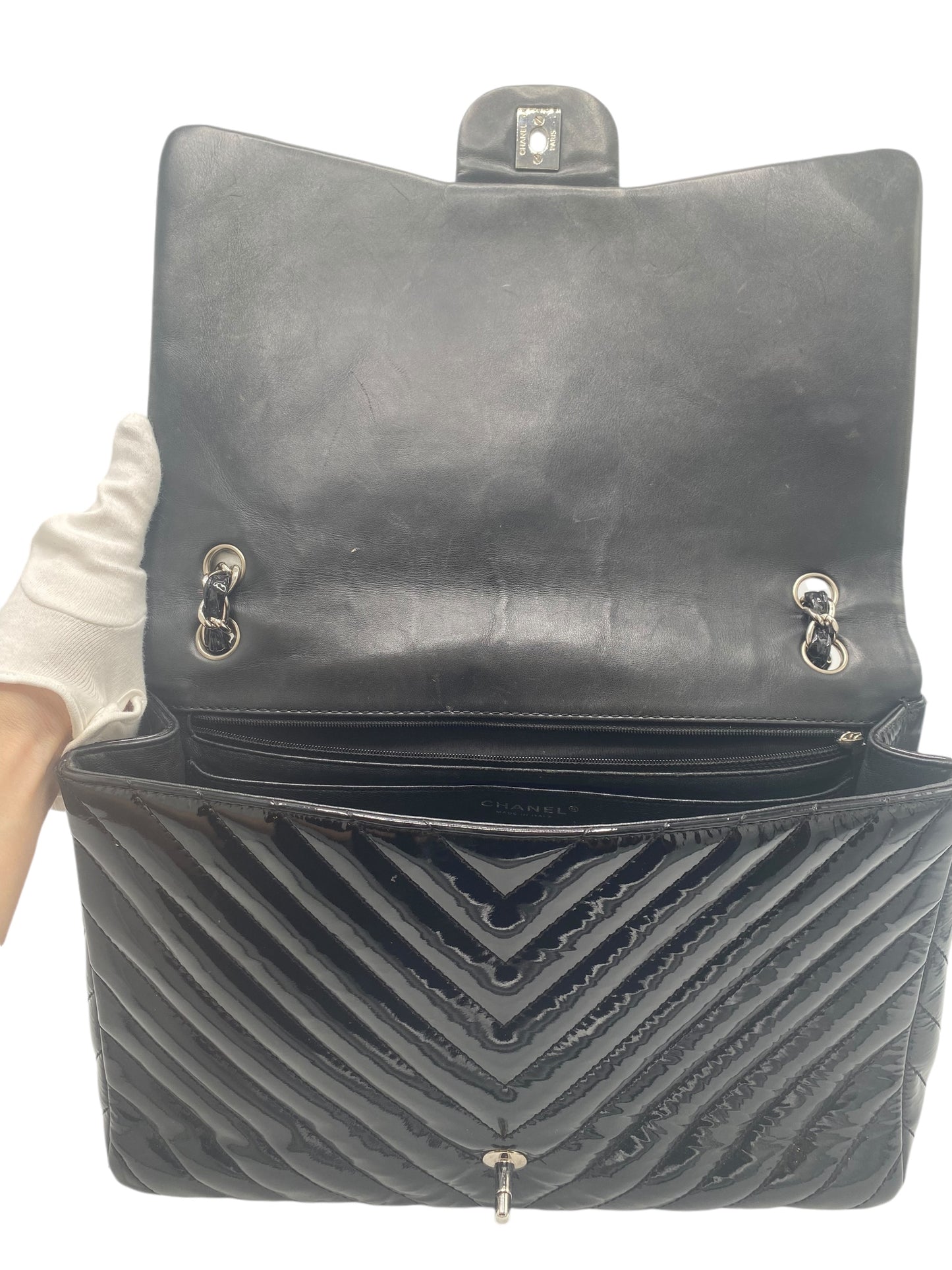 Chanel Black Maxi Patent Chevron Classic Flap Bag