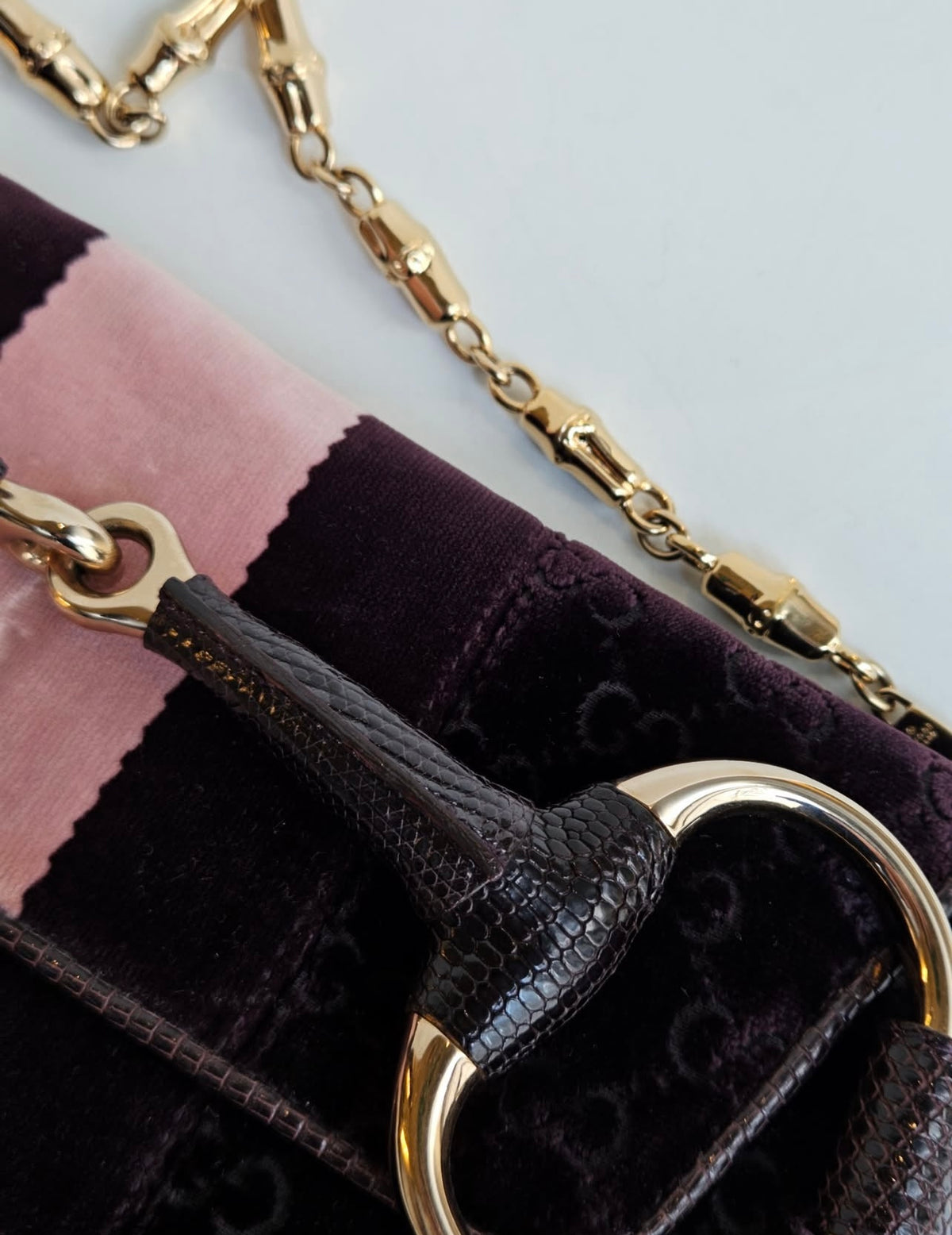GUCCI Tom Ford XL Purple Velvet GG Exotic Lizard Trim Horsebit Clutch Bag