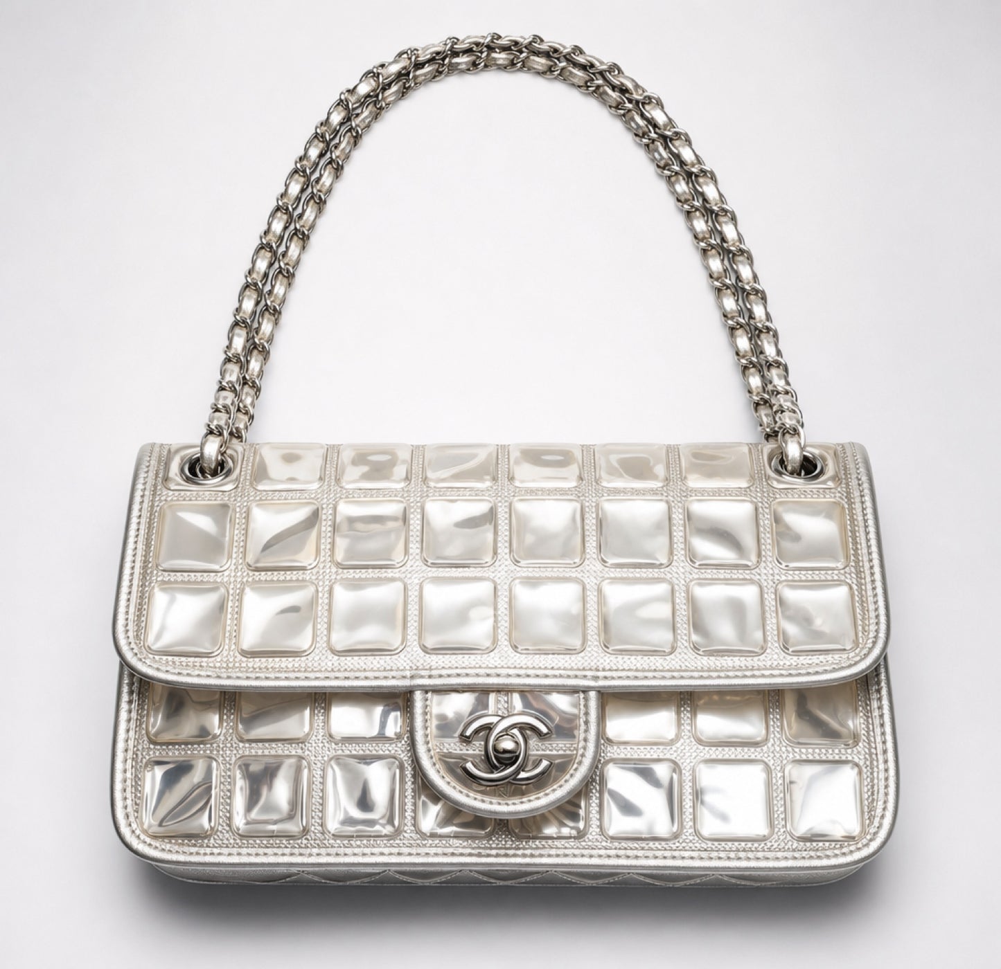 ICONIC Chanel 08C Medium Ice Cube Metallic Silver PVC Calfskin Classic Single Flap Bag