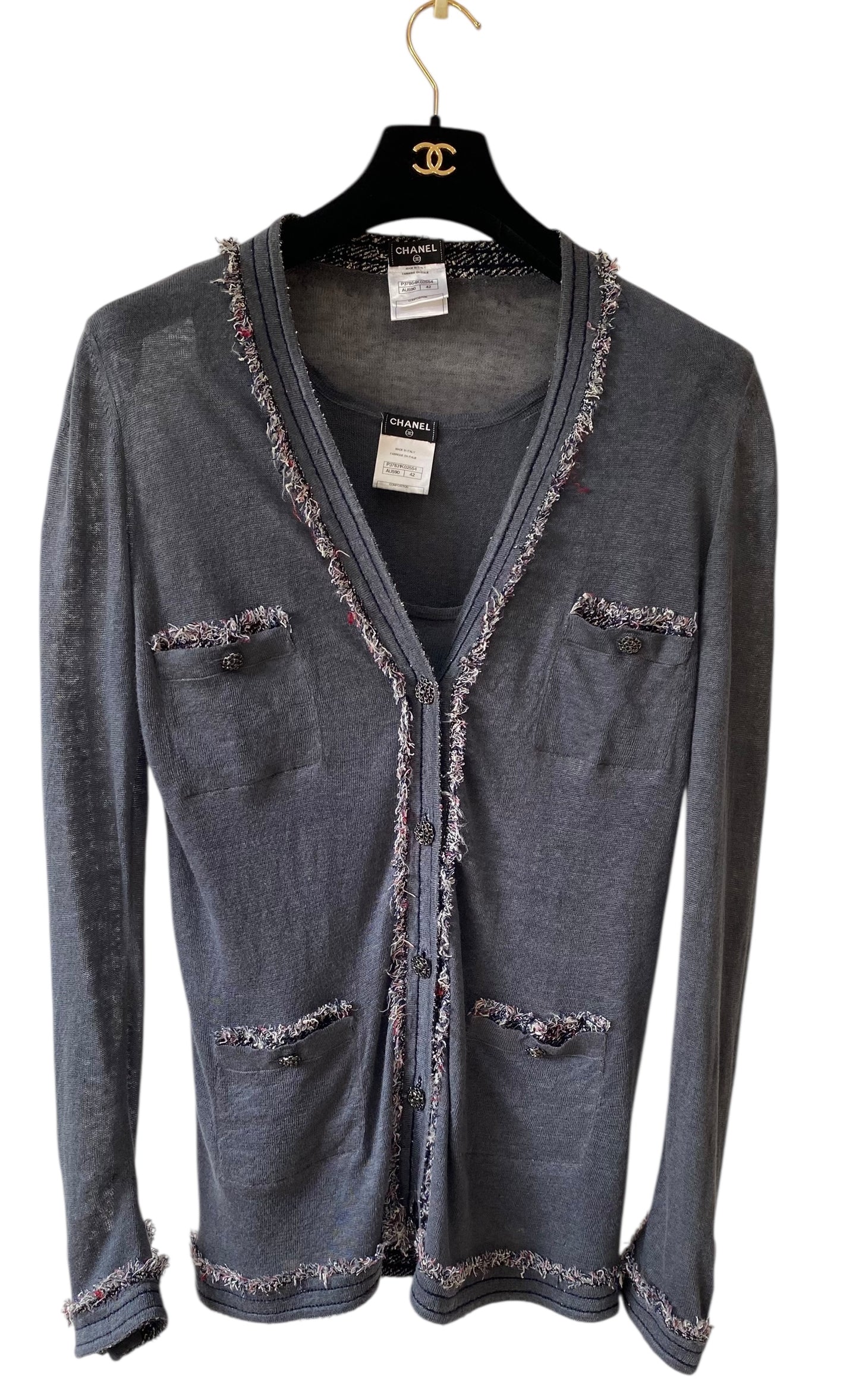 Chanel Blue Linen Tweed Trim Blouse and Cardigan TwinSet FR 42