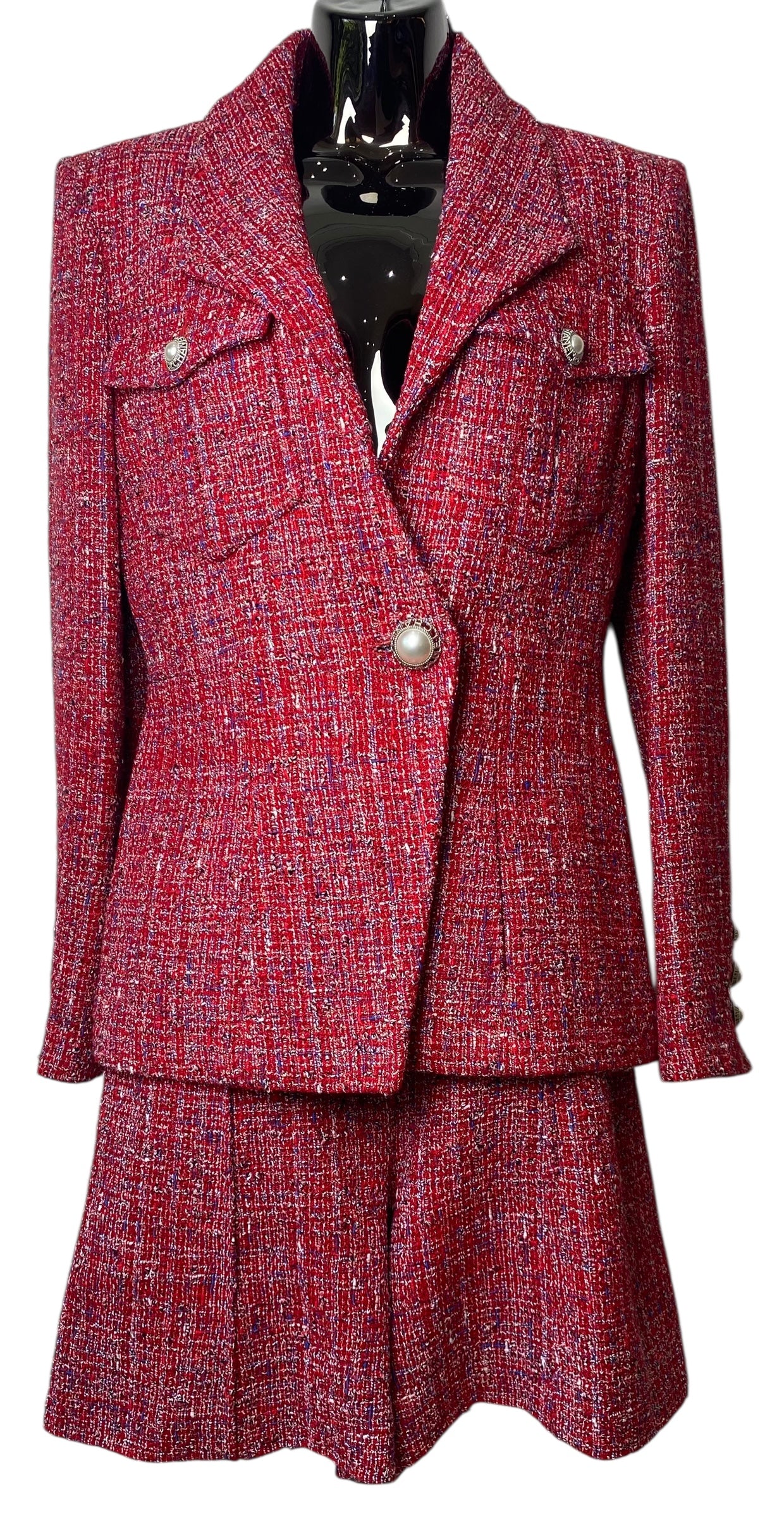 Chanel 19C La Pausa Red Tweed Pearl Jacket and Shorts Suit SET FR 36/38