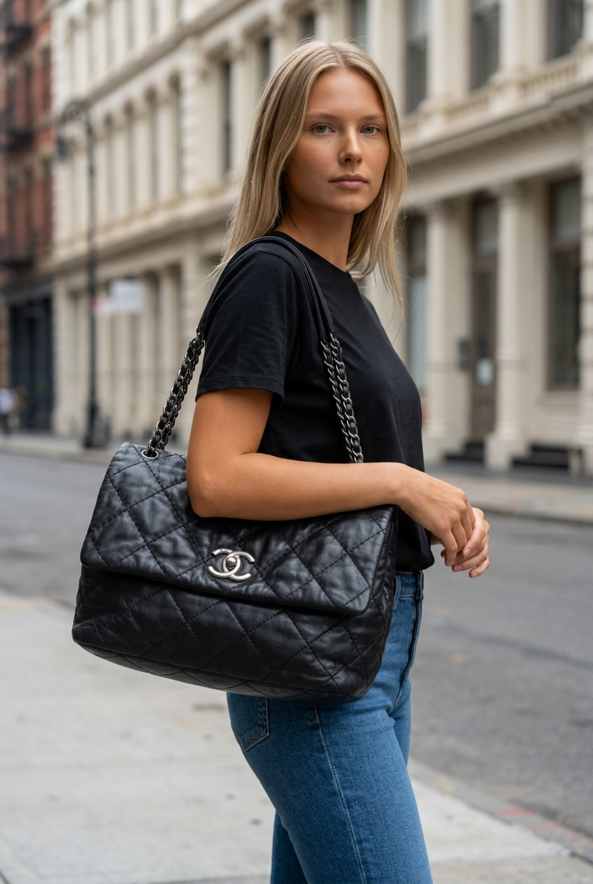 Chanel 13P Black Quilted Leather Large Love Me Tender Whipstitch Classic Flap Bag SHW