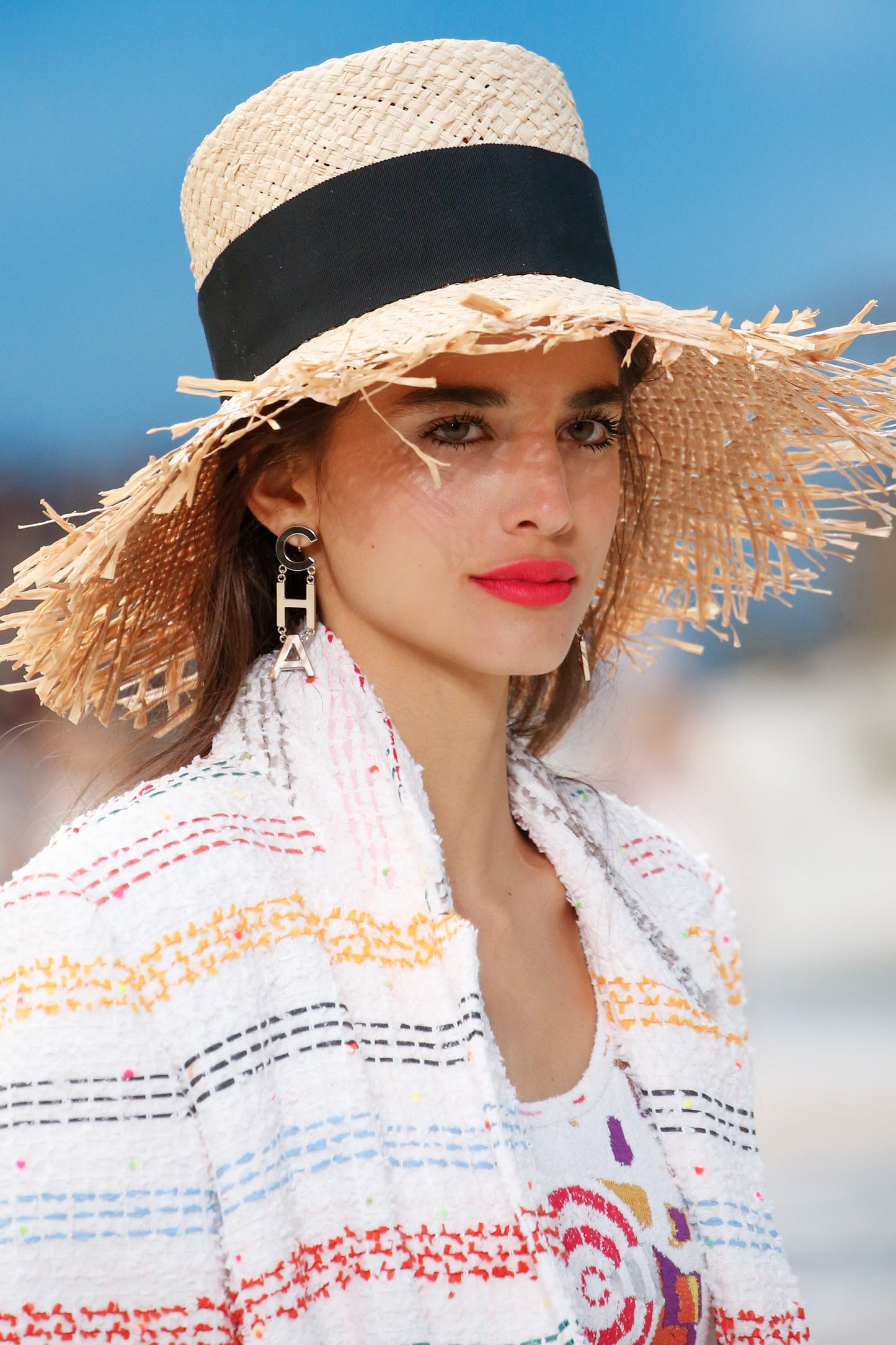 Chanel 19P Runway Oversized Tweed White Striped Long Jacket Coat FR 38
