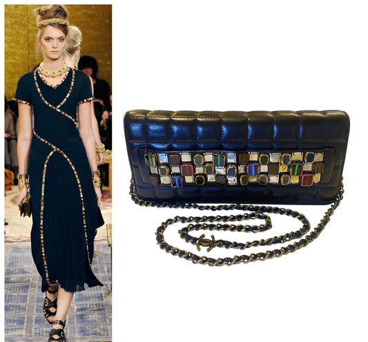 Chanel 11A Paris-Byzance Black Chocolate Bar Lambskin Leather Jeweled Clutch Minaudière Bag