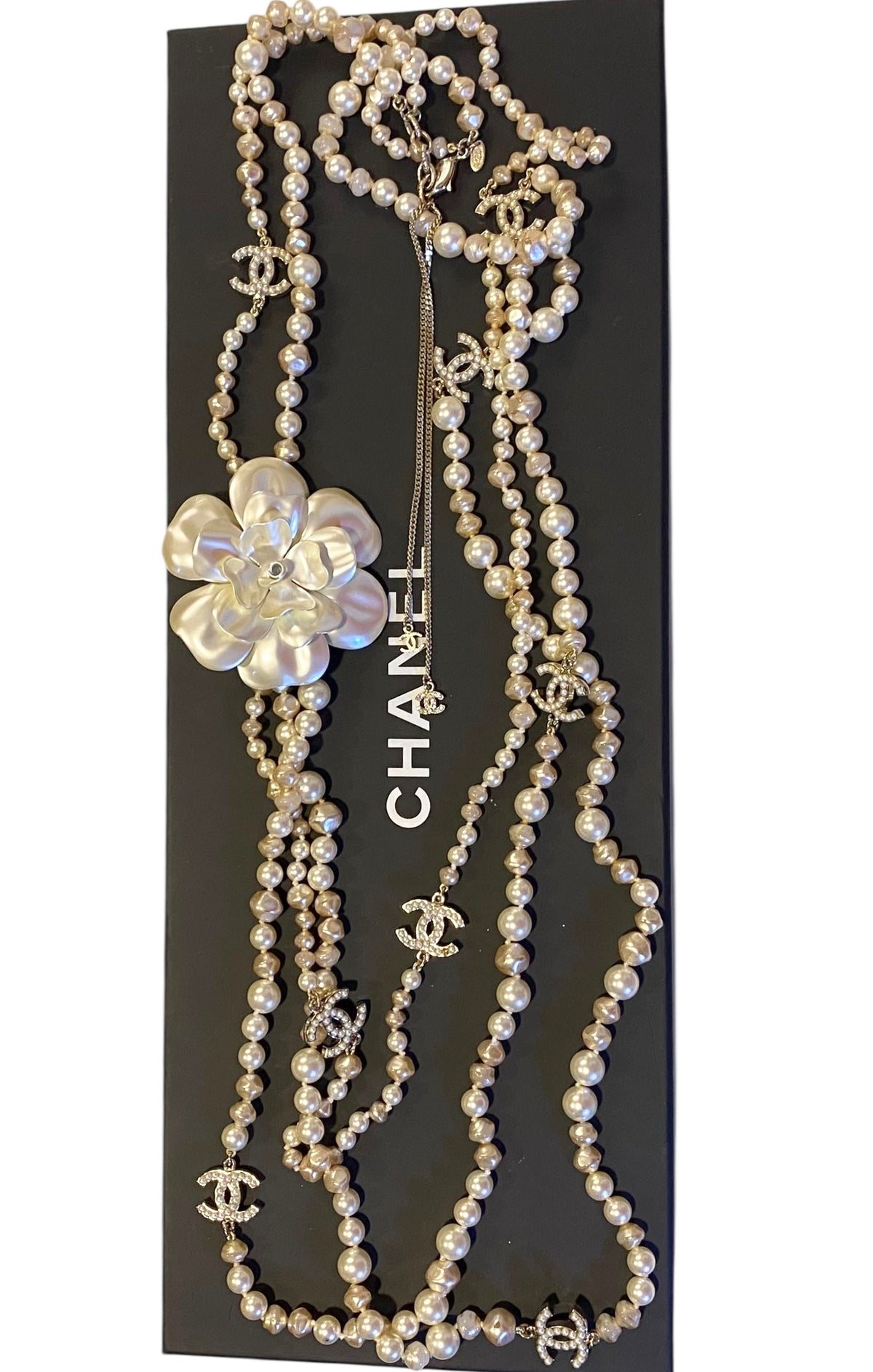 Rare Chanel 09A Extra Long 3 Strand 10 CCs Metal Camellia Long Statement Necklace GHW