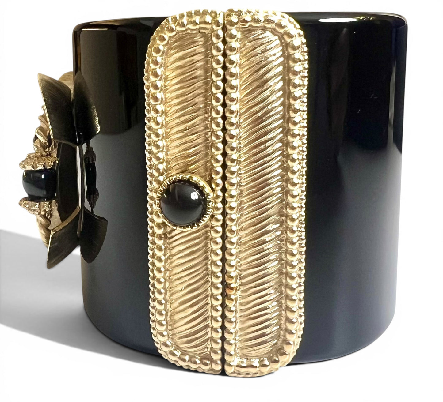 Rare Chanel 16A Paris Seoul Black Pearl Gold Wide Statement Cuff Bracelet