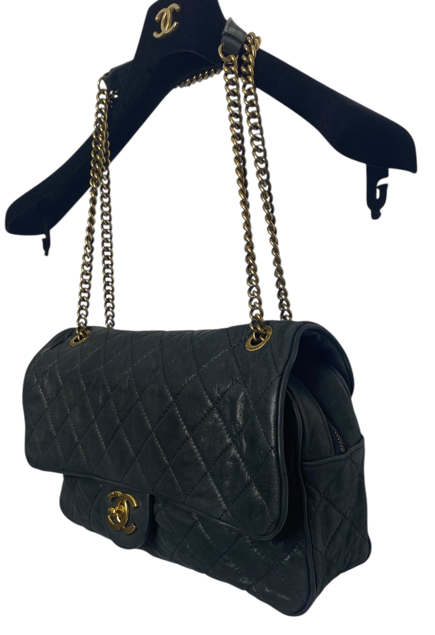 Chanel 2013 Black Quilted Iridescent Calfskin Shiva Jumbo Classic Flap Bag Gold Hardware