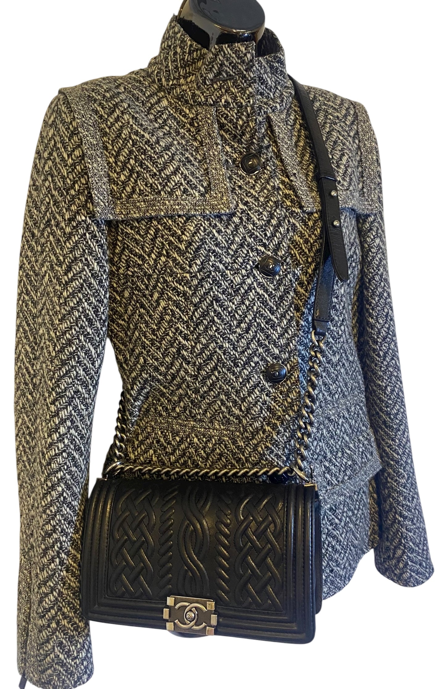 Chanel 13A Paris Edinburgh Black Lambskin Old Medium Embossed Celtic Knot Boy Flap Bag