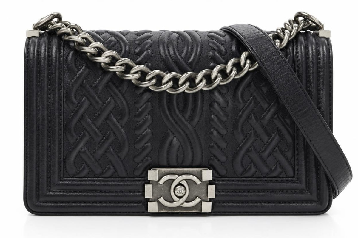 Chanel 13A Edinburgh Black Lambskin Medium Embossed Celtic Knot Boy Flap Bag