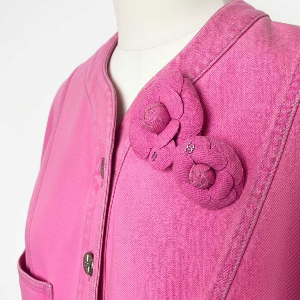 Iconic Chanel 21S Neon Pink Denim Camellia Jacket FR 36