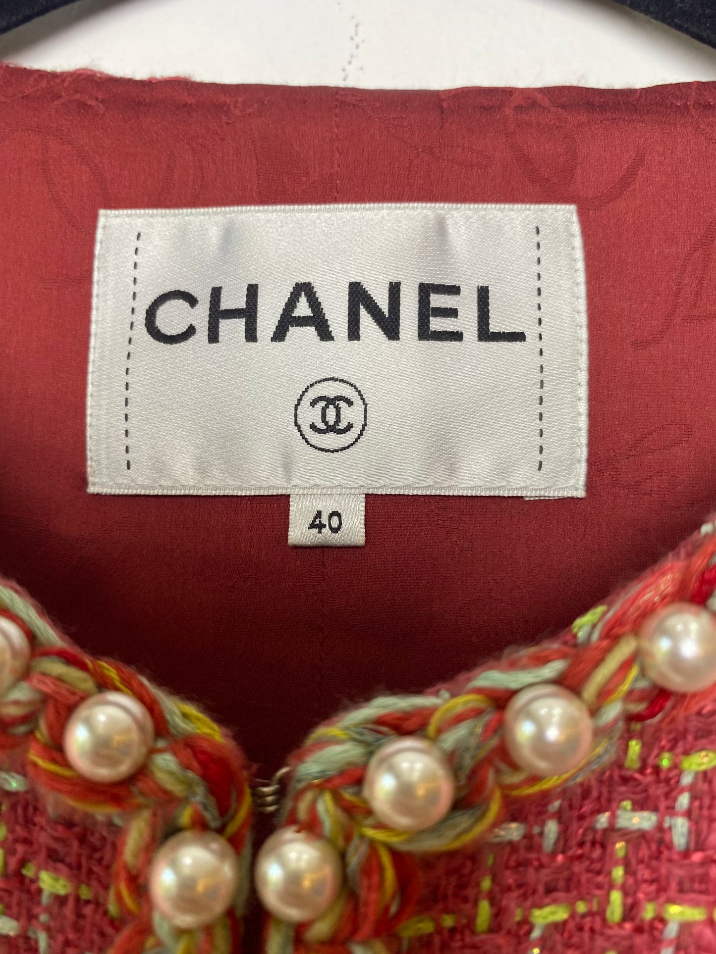 Chanel 17S Red Multicolor Pearl Trim Tweed Waistcoat Vest FR 40