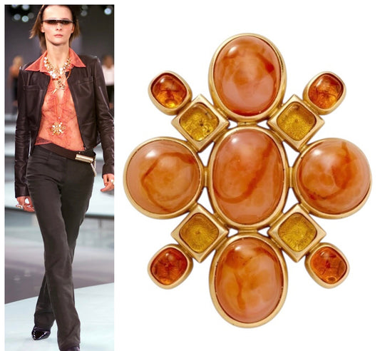 Rare Chanel 02P Runway XL Orange Yellow Gold Gripoix Cabochon Brooch
