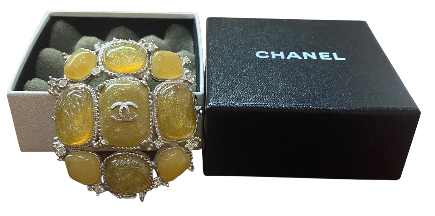 Chanel 10A XL CC Yellow Cabochon Stones Gold Crystals Brooch