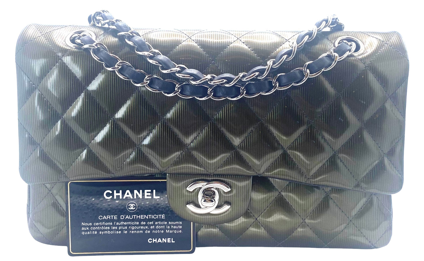 Chanel Medium Dark Green Straited Patent Leather Double Flap Timeless Classic Bag SHW