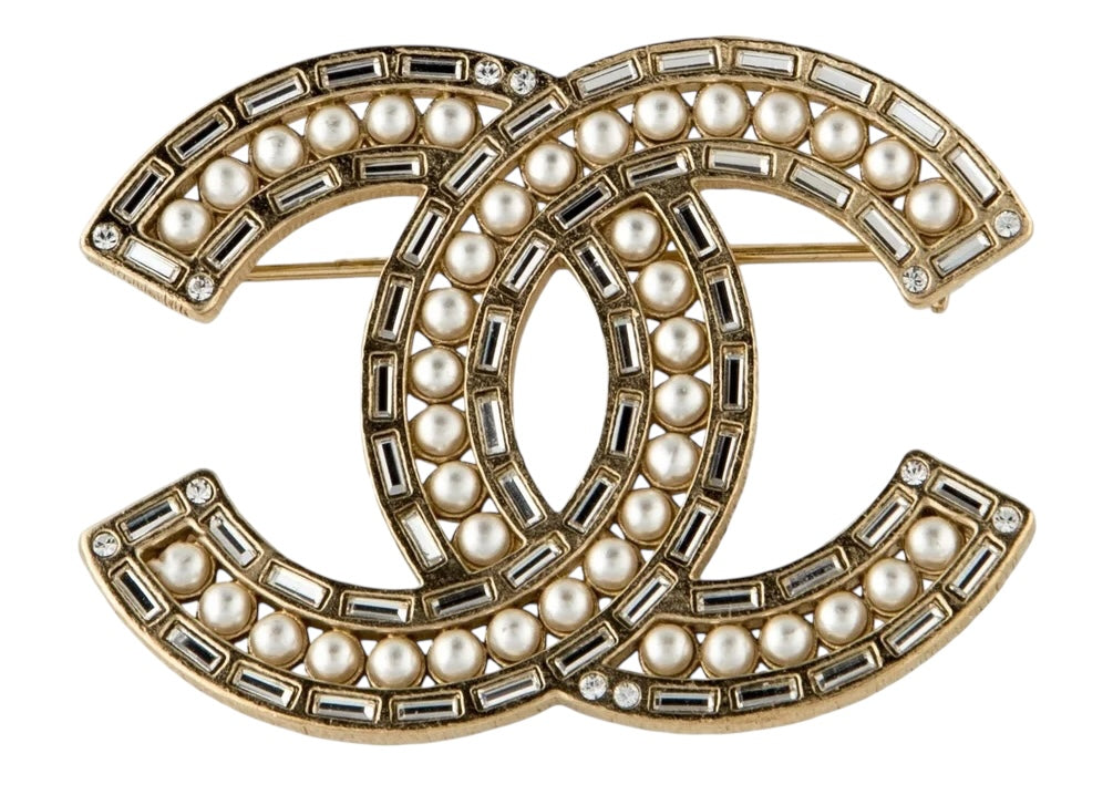 Chanel 2017 CC Pearl Crystal Baguette Gold Brooch
