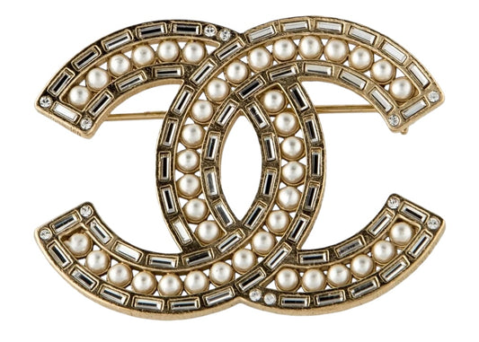 Chanel 2017 CC Pearl Crystal Baguette Gold Brooch