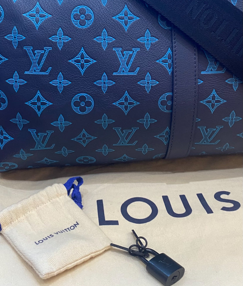 Louis Vuitton LIMITED EDITION Keepall Navy Teal River Bandouliere 50 Monogram Shadow!