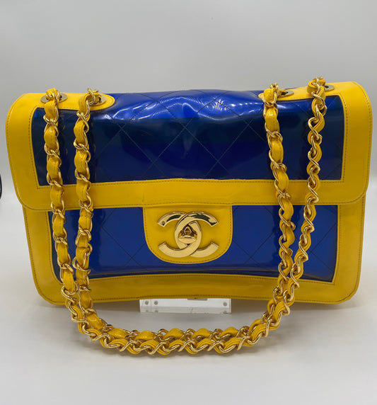 Extremely Rare Gem! 95P Barbie Bicolor Yellow and Blue Vinyl Maxi PVC Patent Flap Bag!