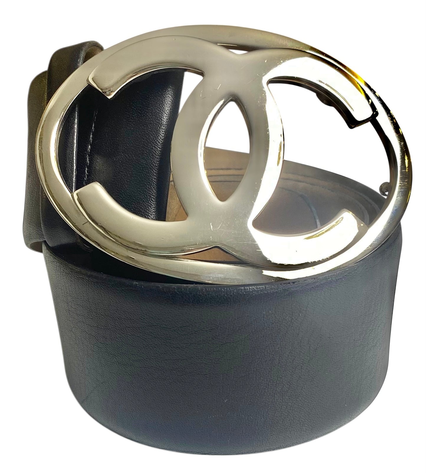 Chanel 06A Extra Wide Black Lambskin Leather Oval CC Silver Buckle Belt Size 85/34