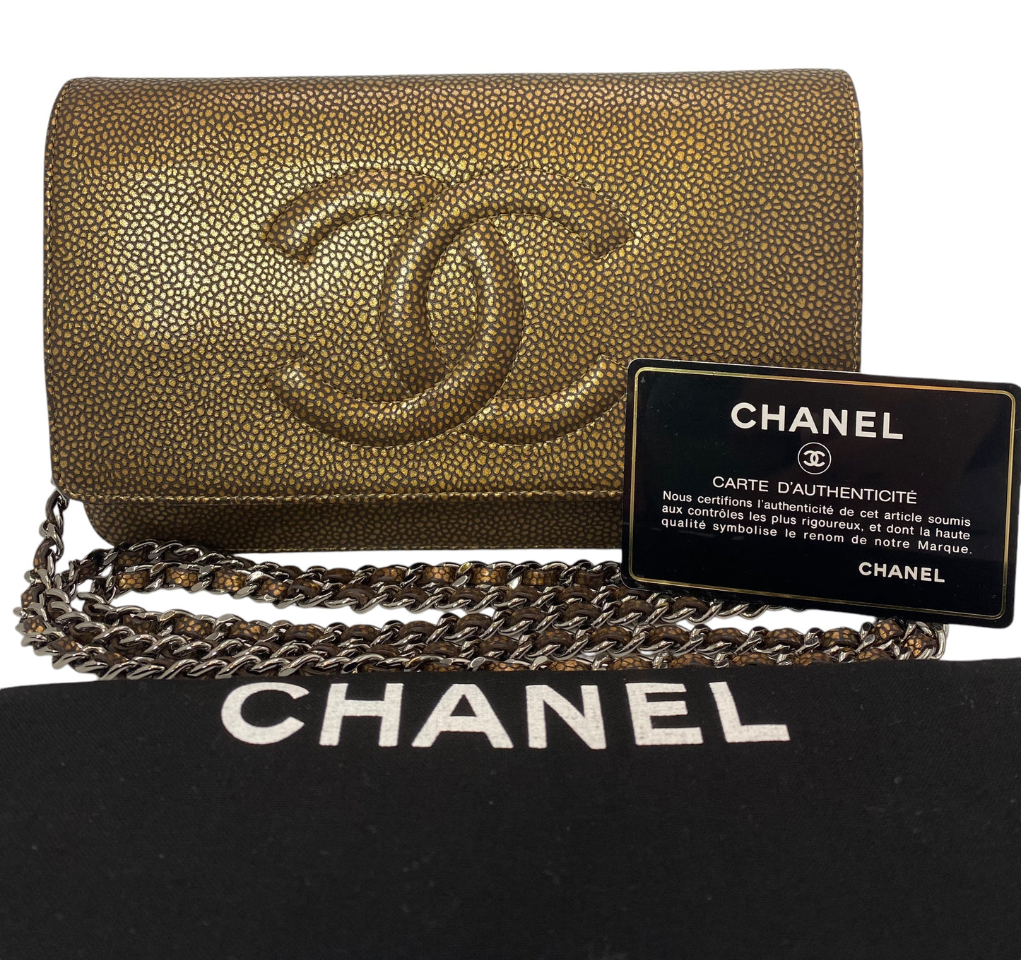 Chanel Gold Bronze Metallic Caviar Timeless Wallet on Chain Double CC WOC