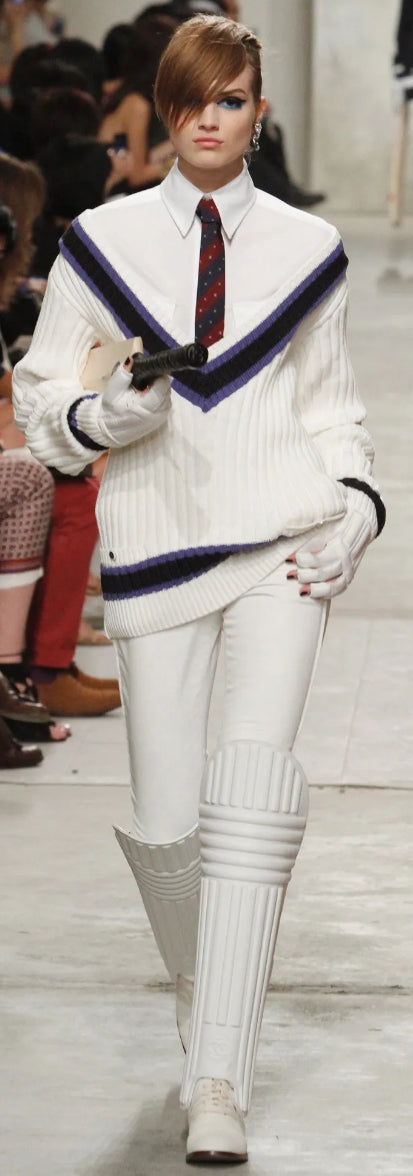 Chanel 14C Ecru Navy Black Varsity Knit Dress FR 44