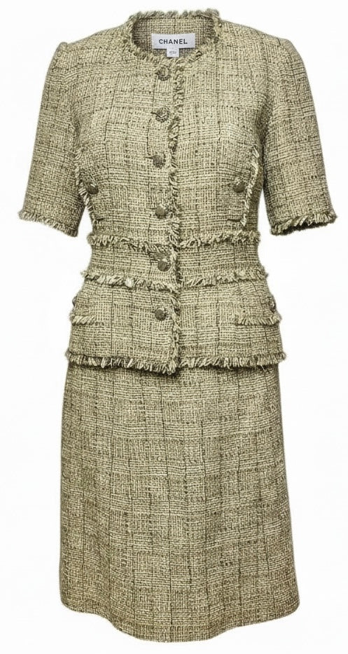 Chanel 10P Fantasy Tweed Beige Metallic Gold Jacket Skirt Suit Set FR 42/44
